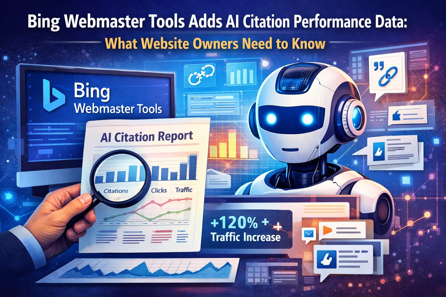 Bing Webmaster Tools dashboard showing AI Performance analytics with citation data and metrics for tracking website visibility in AI-generated search answers